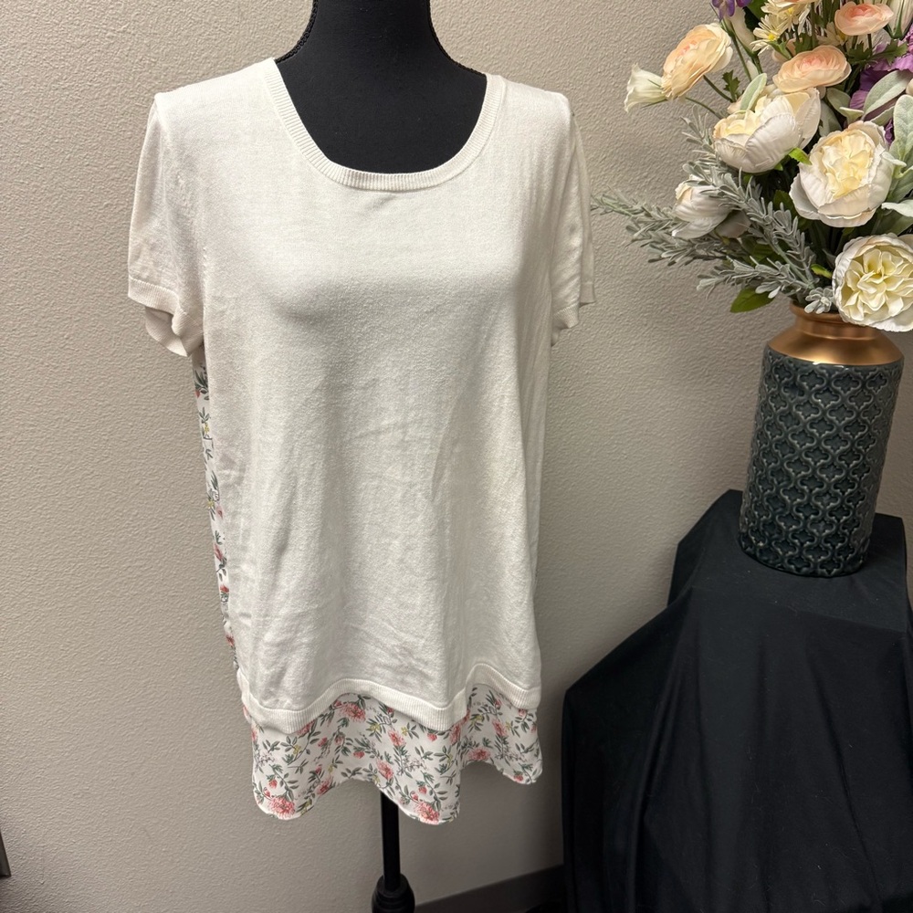 LOFT Ivory Knit Top Floral Chiffon Back Tie Mixed Media Blouse M - Picture 1 of 7